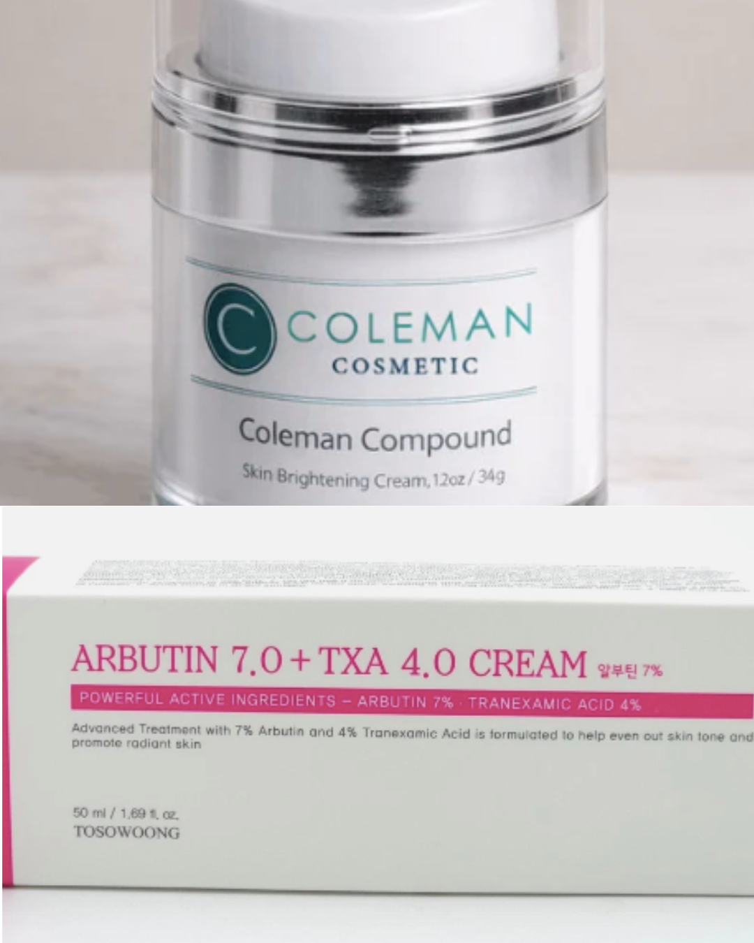 Coleman Compound and Tosowoong Arbutin 7% + TXA 4% side by side